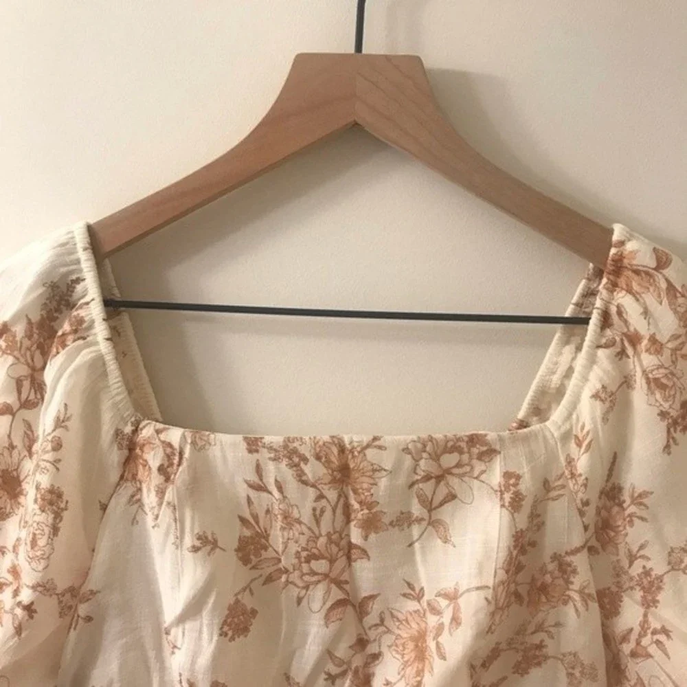 Blu Pepper Cream and Brown Floral Square Neck Puff Sleeve Mini Dress-Size Small - Picture 3 of 9